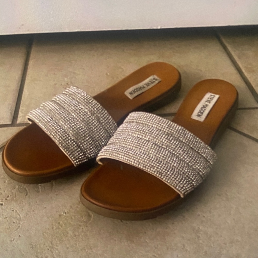 Steve Madden Women's Rhinestone Slide Sandals - Silver and Brown